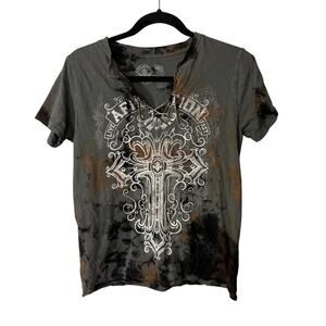 Affliction Cross Split Neck Short Sleeve Tee Shirt Size Small